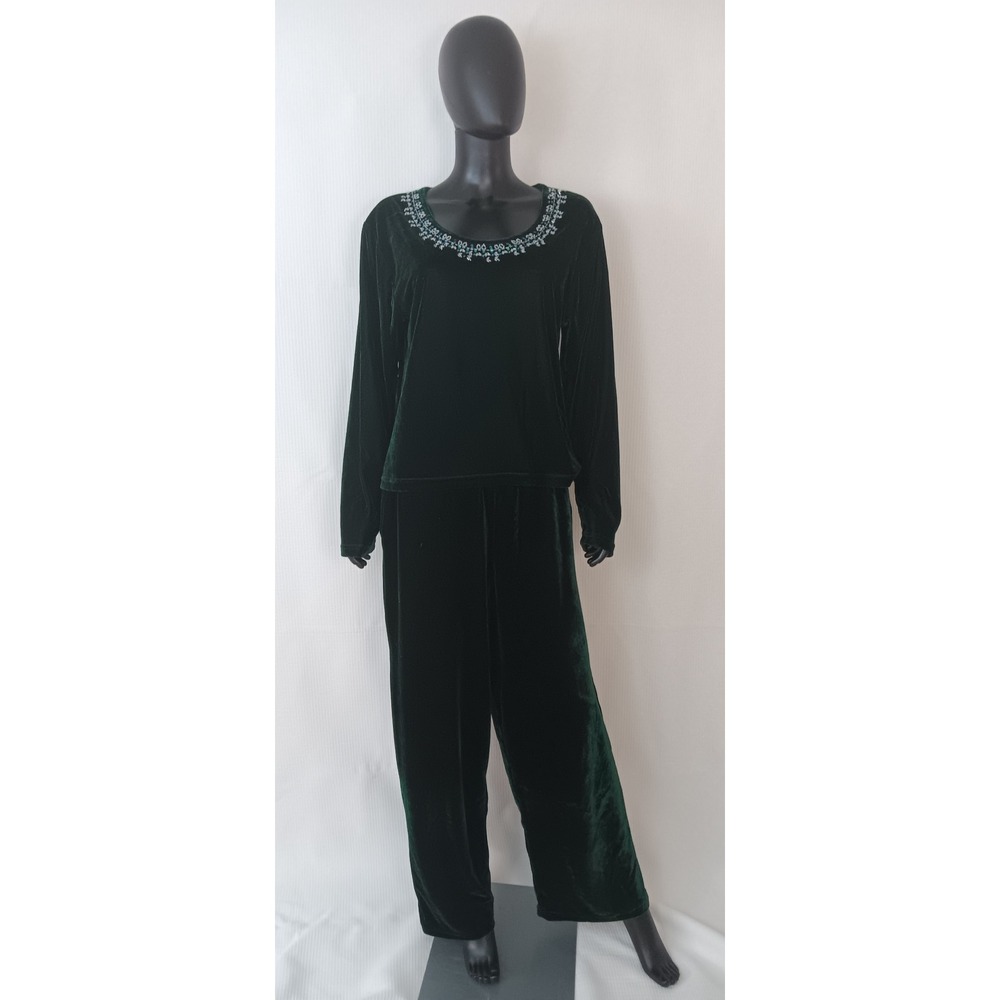 Rene Margo Green Velvet 2 Piece Set Top Pants Beaded Sequin Large Loungewear